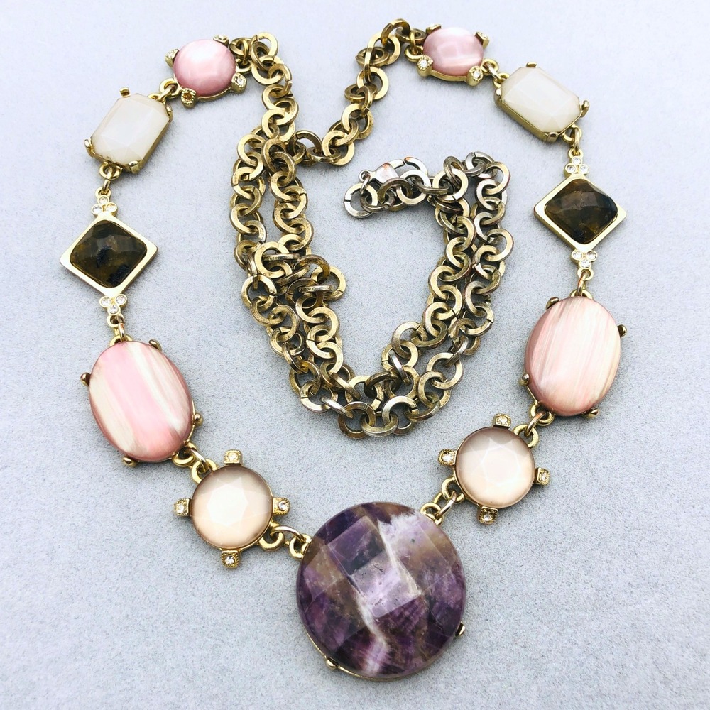 Amethyst Necklace Chunky Faceted Purple Stone Pink Chatoyant Resin Cabochons 30" - Picture 2 of 10